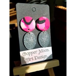 Handmade Pink Black and White Glitter Statement Earrings